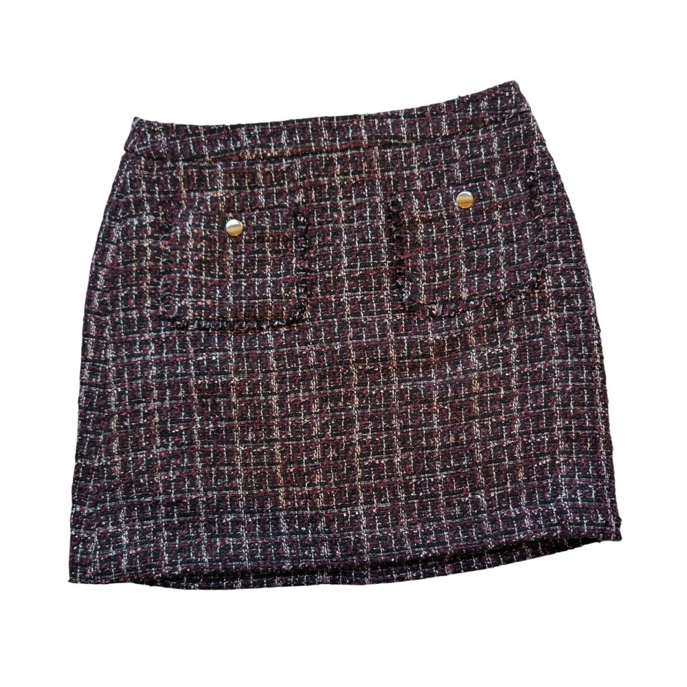 LOFT Burgundy Black Tweed Plaid Mini Skirt Gold Button Pockets Size 10 Academia